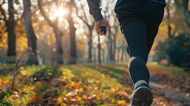 Foto fitnessmetrics bijhouden met draagbare technologie tijdens buitenlopen in het herfstlandschap