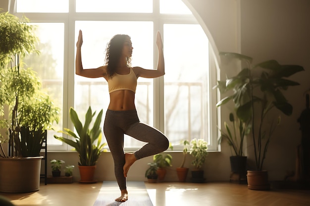 Fitnessvrouw doet yoga op een yogamat thuis