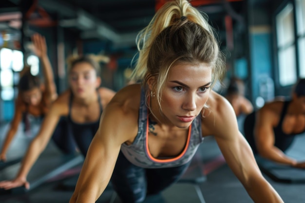 Fitte jonge mensen die push-ups doen in een sportschool en er gefocust uitzien