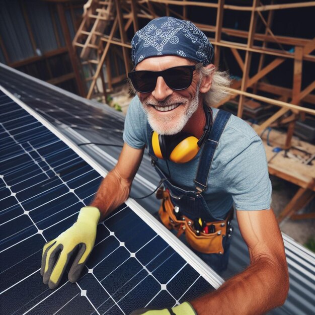 Foto fitte man installeert fotovoltaïsche zonnepanelen op het dak van een gebouw