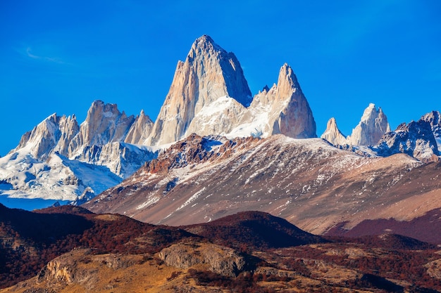 Fitz Roy mountain close up view. Fitz Roy is a mountain located near El Chalten village in the Southern Patagonia on the border between Chile and Argentina.