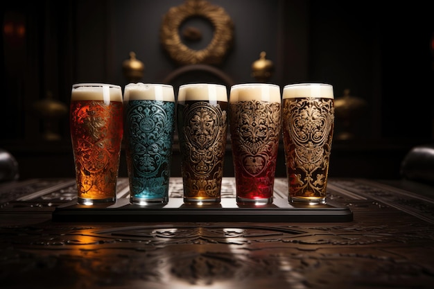 Photo five beer glasses with foam forming intricate patterns on the surface capturing generative ai