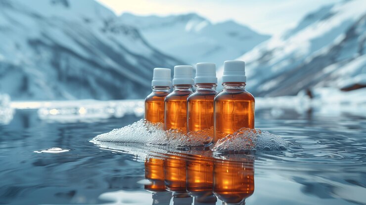 Photo five bottles of amber liquid floating on calm mountain lake during early morning light