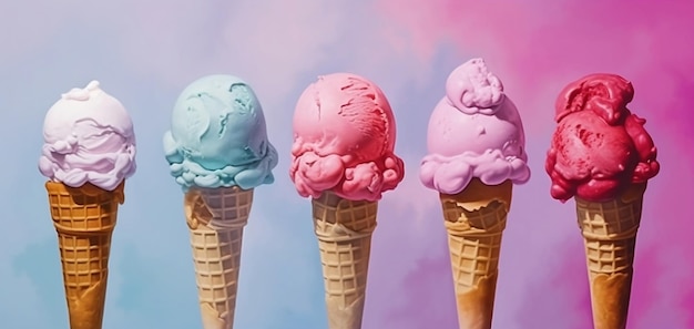 Five bright delicious colored ice creams in a waffle cone on a gradient background AIgenerated