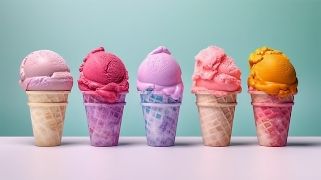 Five bright delicious colored ice creams in a waffle cup on a blue background AIgenerated