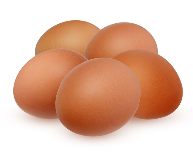 Five brown chicken egg isolated on white background with shadow.