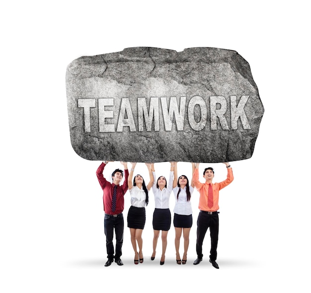 five business people lifting teamwork word