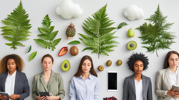 Foto cinque donne d'affari in fila con gli occhi chiusi e in possesso di tablet lo sfondo è bianco con foglie verdi e frutta