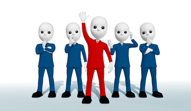 Cinque uomini d'affari che indossano un vestito rosso alzando le mani che presentano un'illustrazione 3d di pensiero blu