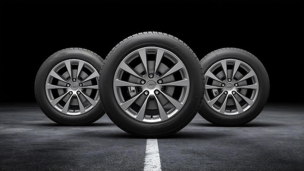 Five car wheels on asphalt and black background 3d rendering