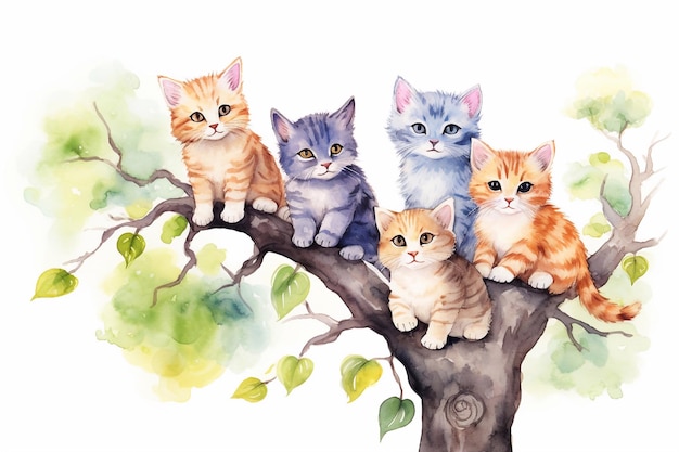 Five cats on a tree watercolor