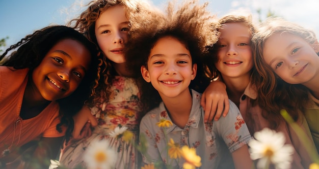 Five children friends boys and girls together looking at the camera of various races