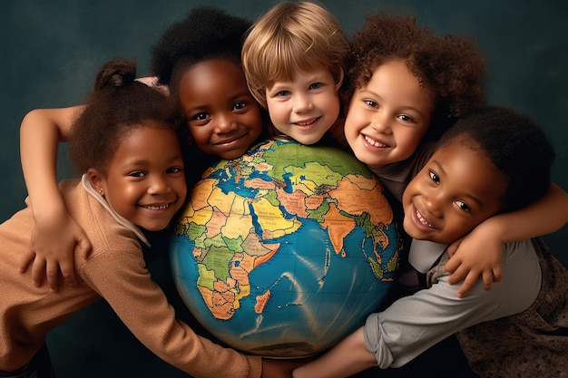 Photo five children hugging a globe smiling warmlyxa