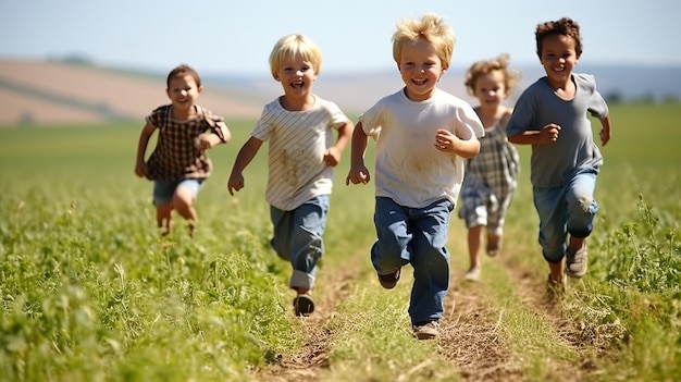 Five children running in a field