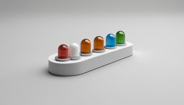 Five colored balls on a white shelf