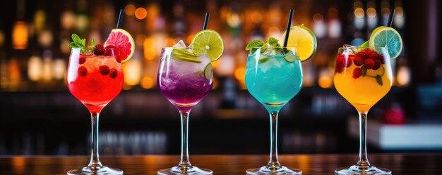 Five colorful cocktails in wine glasses on bar Generative ai