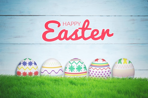 five colorful easter eggs hiding in the green grass