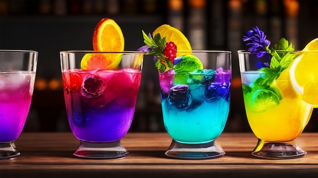 Five colorful gin tonic cocktails in wine glasses on bar counter in pup or restaurant