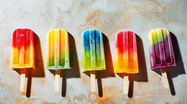 Foto cinque ghiaccioli colorati con gocce che si sciolgono su uno sfondo bianco cremoso