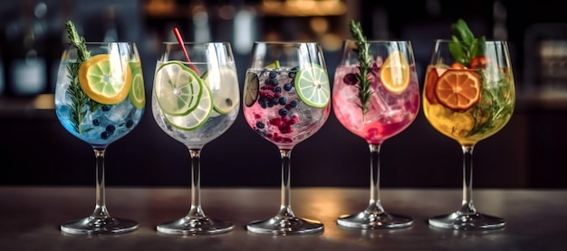 Five colourful gin tonic cocktails in wine glasses on bar counter in bar or restaurant Generative ai