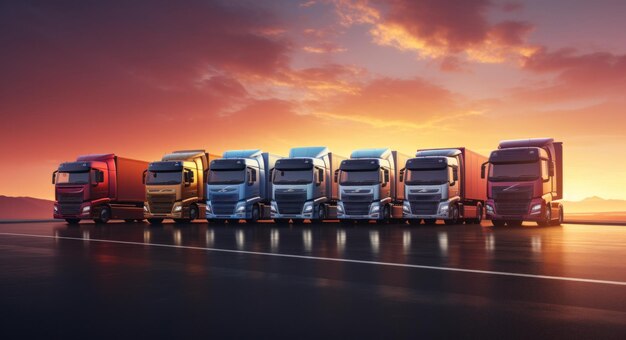 Photo five commercial trucks are lined up at sunset