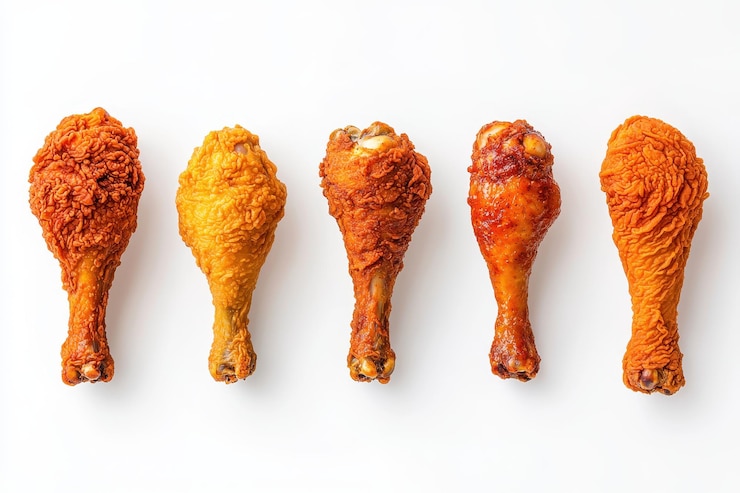 Photo five crispy chicken drumsticks arranged in a row showcasing a variety of colors and textures against a plain white background