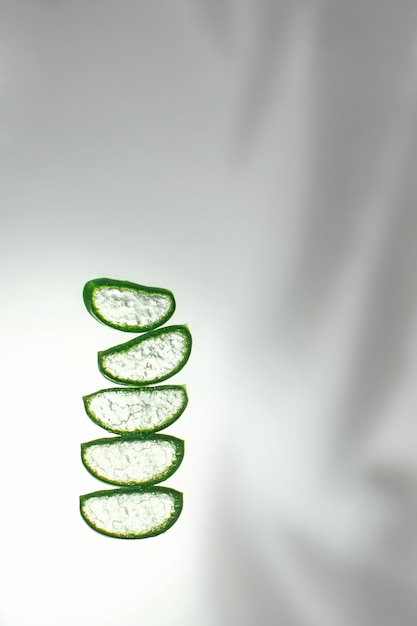 Five cut leaves of aloe vera on gray background. Cosmetics from natural plants and shadows and light from the window.