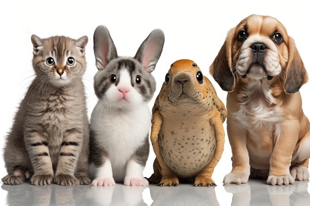 Five cute and funny pets are shown in front of a white background