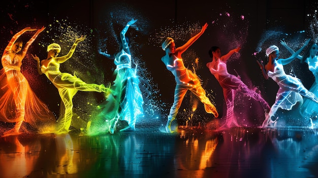 Five dancers in colorful light suits perform a contemporary dance on a dark stage