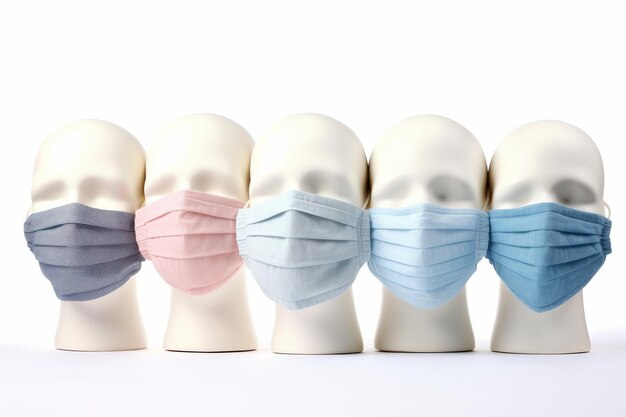 Photo five different colored face masks on mannequin heads on a white or clear surface png transparent background