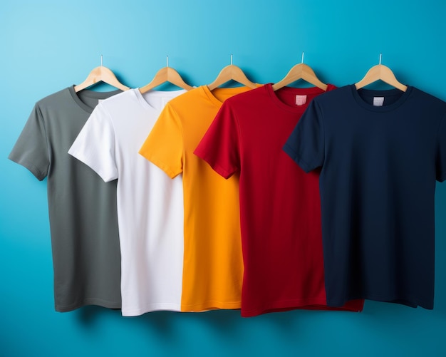 five different colored t shirts hanging on clothes hangers