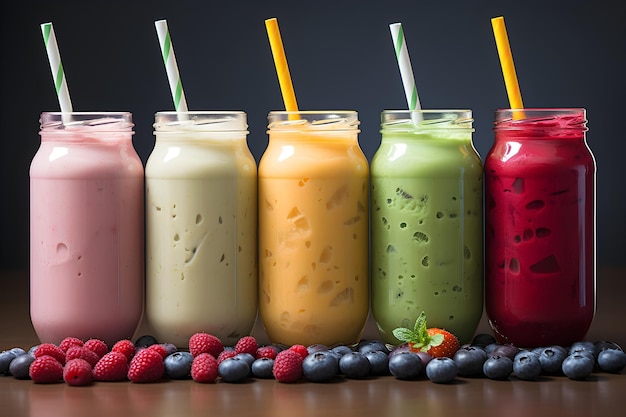 five different smoothies are in the line up with a straws