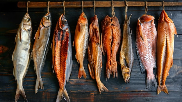 Five Different Types of Fish Hanging on a Wooden Wall