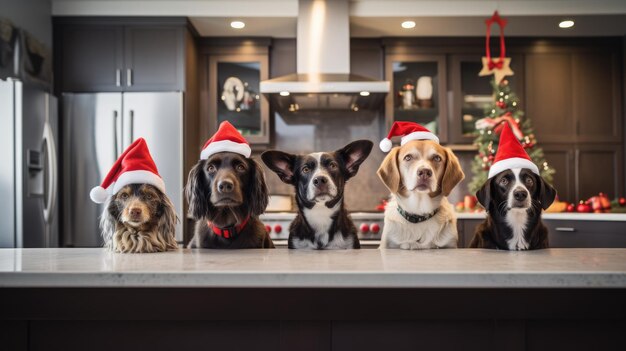 Five dogs celebrating christmas holidays wearing red santa claus hat reindeer antlers and red