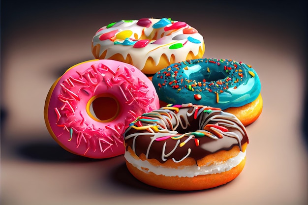 Five donuts glazed with sprinkles isolated on transparent background