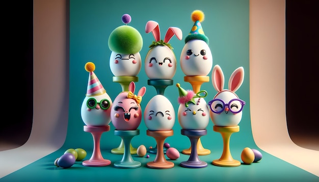 Five Easter eggs with cute faces and party hats resembling characters on colored stands