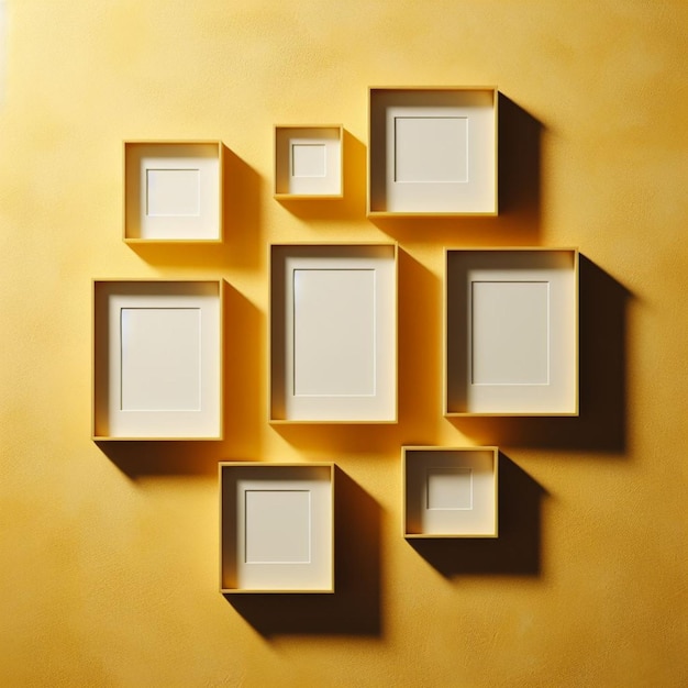 five empty photo frames hanging on a yellow red purple green background