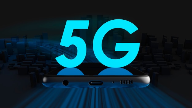 사진 밝은 파란색의 5g 텍스트가 휴대 전화와 검정색 배경에 표시됩니다.