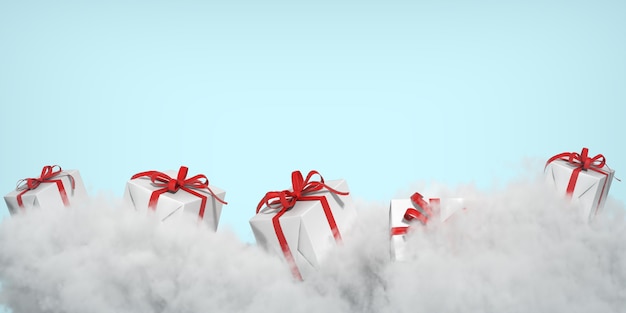 Five gift box on the cloud on blue background. 3d rendering