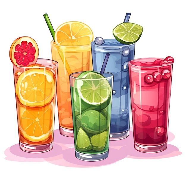 five glass and different juice and ice with different fruit on white background