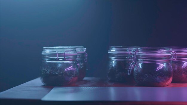 five glass jars with different types of leaf tea standing on the table in dark room on black wall