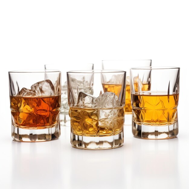 Five glasses of whiskey on a white background