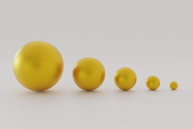 Five gold balls of different sizes. balls of different sizes on a white background.