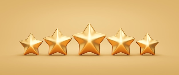 Five Gold rating star symbol of customer satisfaction review service best quality ranking icon or shiny feedback success sign award and product evaluation rate on golden 3d background with excellent.