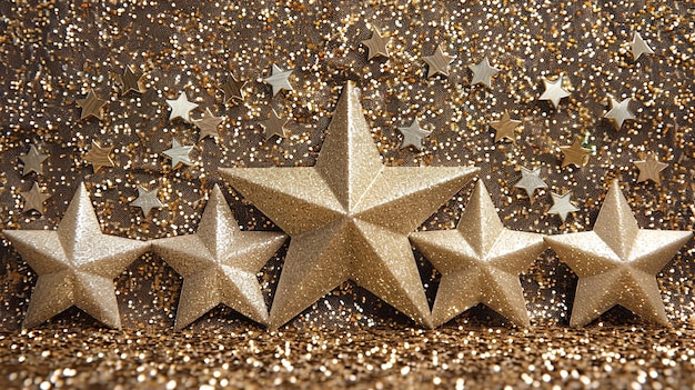 Foto cinque stelle d'oro su uno sfondo luccicante d'oro