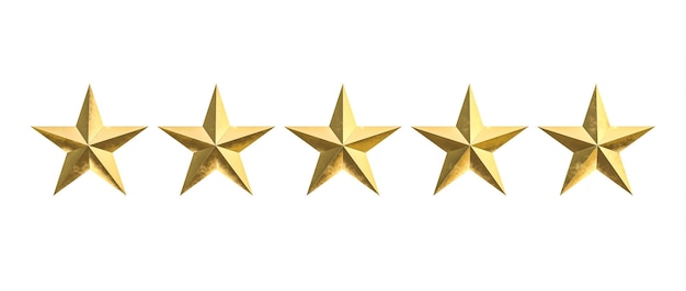 five gold stars on a white background. 3d render