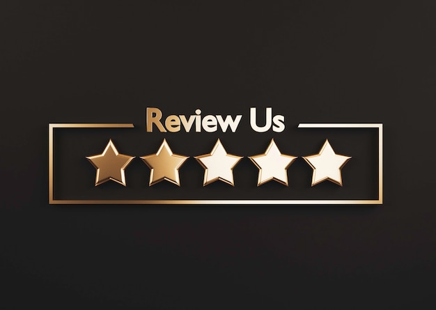 Five golden stars on black background for the best customer\
client evaluation for use product and service concept by 3d\
rendering.