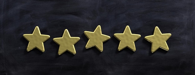 Photo five golden stars isolated on blackboard banner 3d illustration