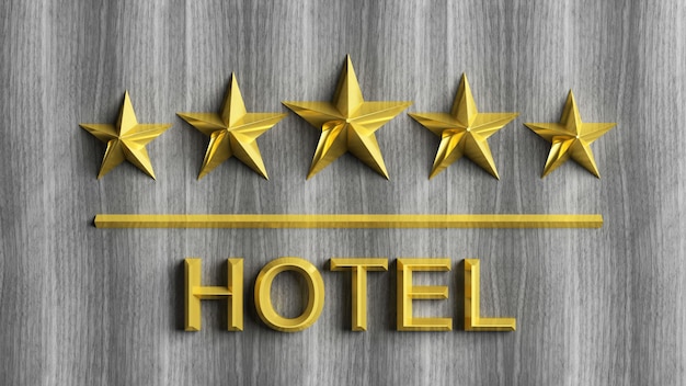 Photo five golden stars and word hotel on grey wood