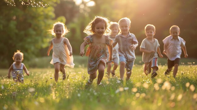 Five happy children running in a field of flowers on a sunny day